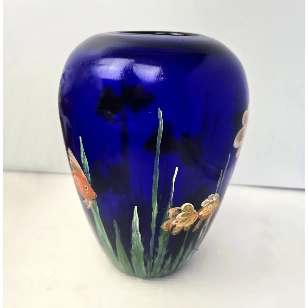 Cobalt Blue Art Glass Vase Hand Painted Koi Goldfish Aquatic Plants 8
